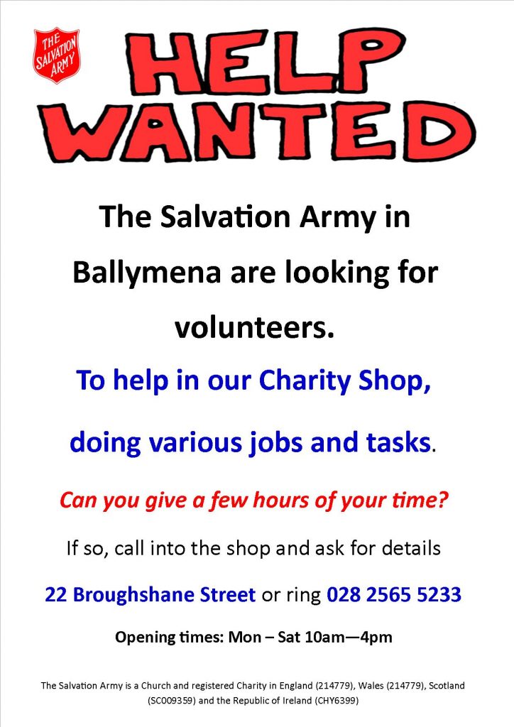 Volunteers Wanted in Salvation Army Shop Ballymena