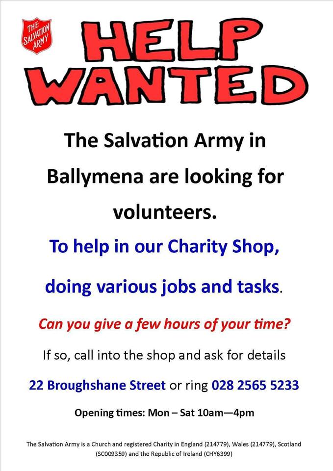Volunteers needed for the Salvation Army Shop in Ballymena